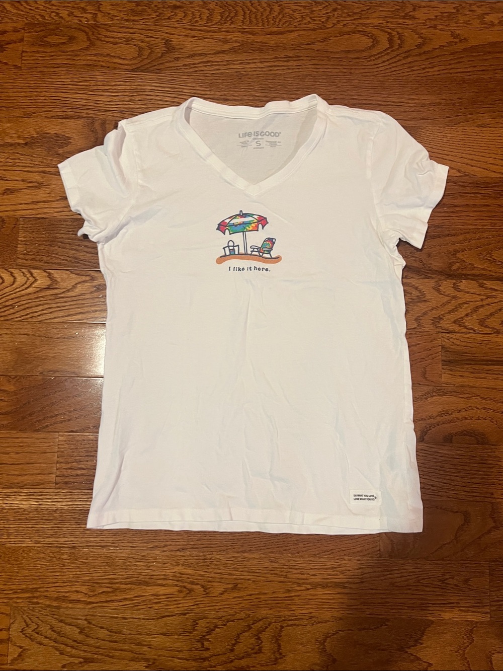 Life Is Good White V-Neck Tee with Colorful Beach Umbrella Graphic